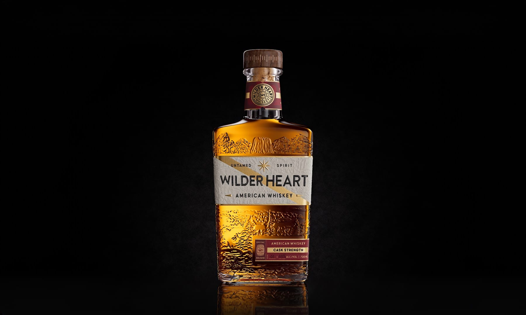 Wilder Heart Cask Strength bottle photographed against a black background.