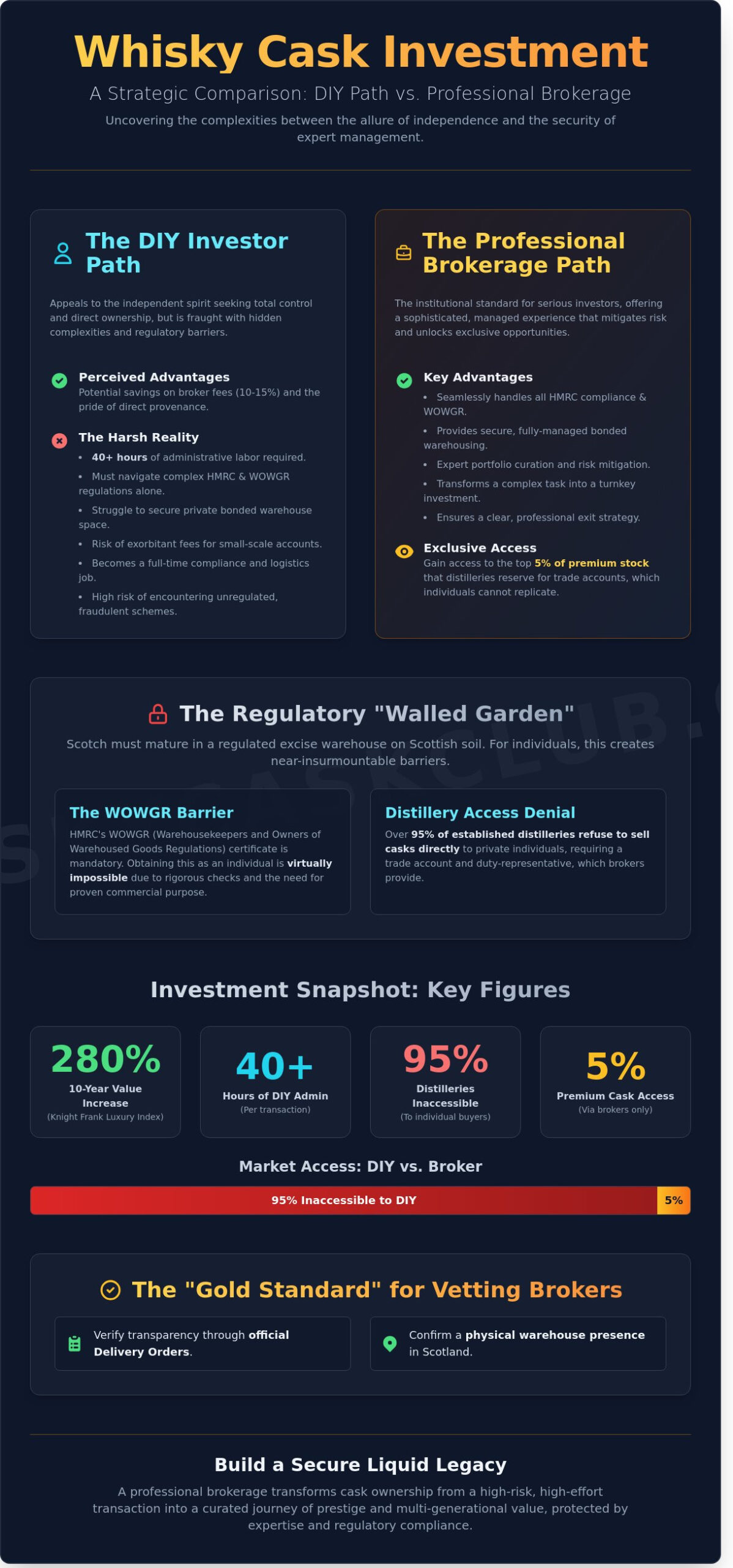DIY Whisky Investment vs. Using a Broker: Navigating the Path to a Liquid Legacy - Infographic